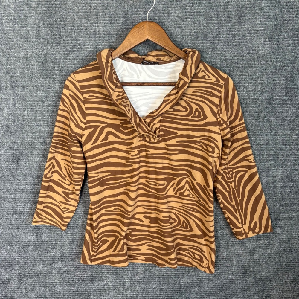 J.McLaughlin Brown Zebra Woodgrain Catalina Cloth Ruffle V-Neck Top Womens Med